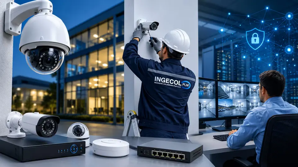 Técnico de INGECOL instalando una cámara de seguridad en la fachada de un edificio, con equipos de videovigilancia y una sala de monitoreo al fondo